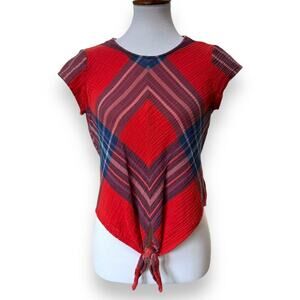 Cloth And Stone Womens Blouse Red Plaid Cap Sleeve Tie Front Cotton Preppy XS